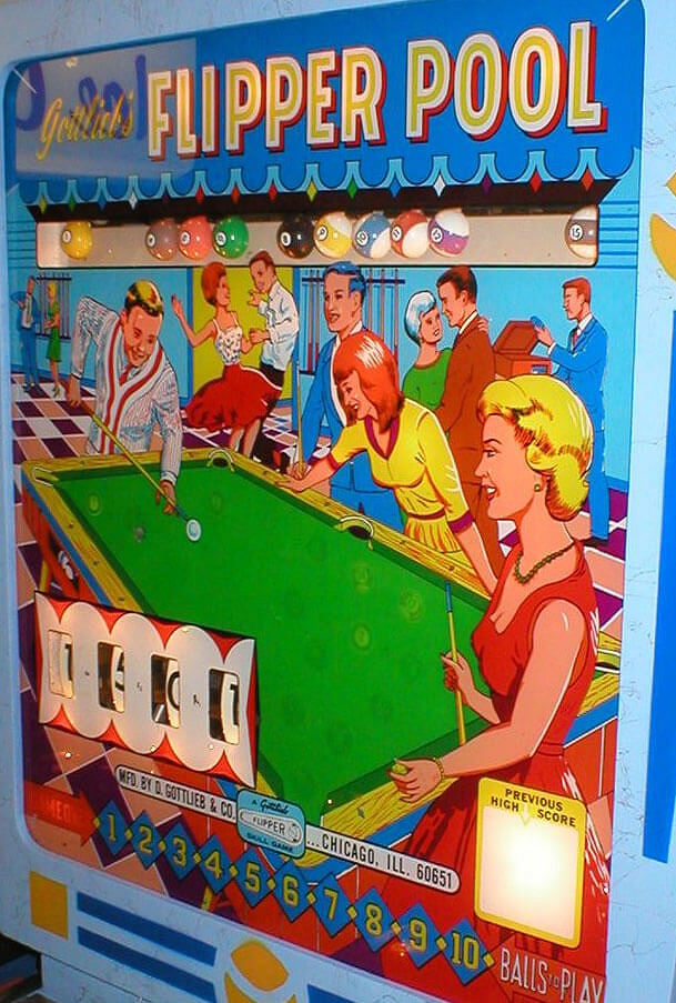 Flipper Pool is an electro-mechanical pinball machine released by Gottlieb in 1965. The game features a billiards theme with vibrant artwork and engaging gameplay centered around pool balls and scoring.