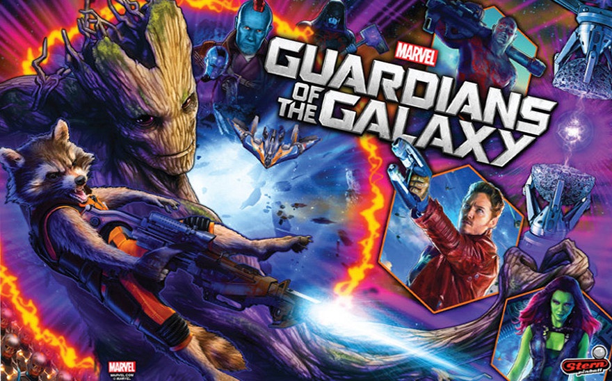 A pinball machine based on the popular Marvel franchise 'Guardians of the Galaxy', featuring characters and scenes from the movie.