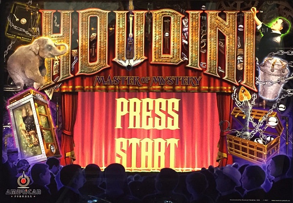 A pinball machine designed by American Pinball, based on the legendary magician Harry Houdini, featuring a number of unique tricks and challenging shots.