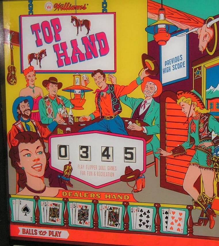 Top Hand is a pinball machine released by Williams in 1966. This machine features a cowboy and western theme, typical of the era.