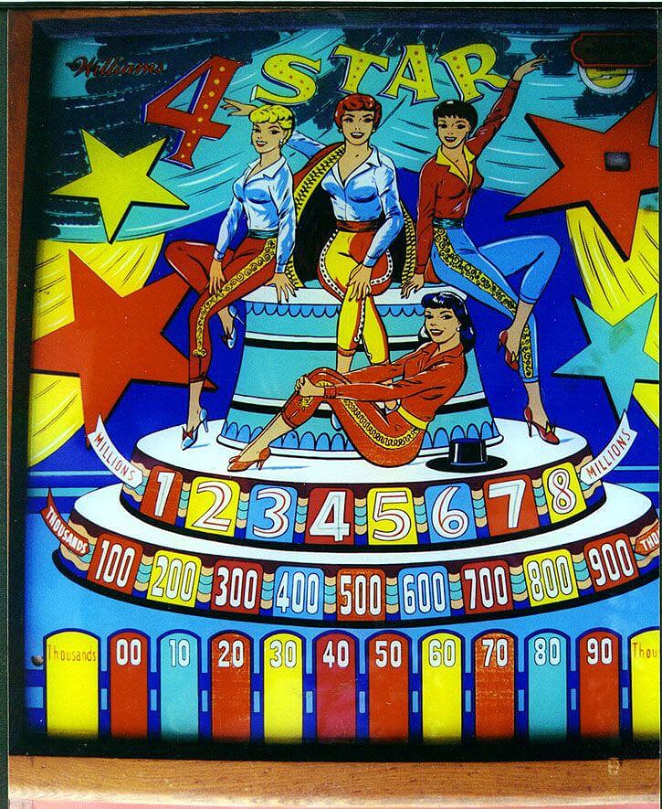 4 Star is an electro-mechanical pinball machine produced by Williams in 1958. This game highlights the classic design and gameplay of 1950s pinball machines, featuring a distinct four-player setup.