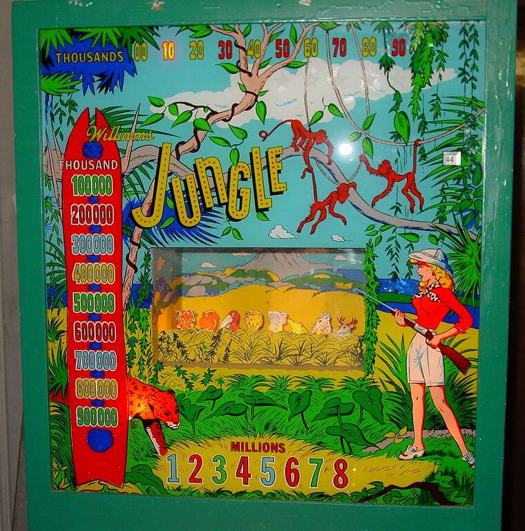 Jungle is an electro-mechanical pinball game created by Williams in 1960. It features a jungle theme with vibrant artwork reflective of the era.