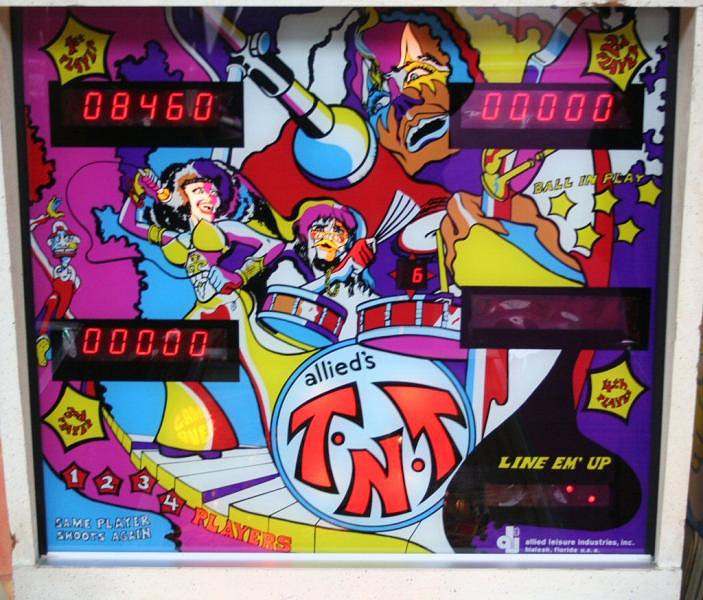 T.N.T. is a pinball machine released by Allied Leisure in 1976. It features electro-mechanical (EM) components and has a classic theme centered around explosives and demolition.