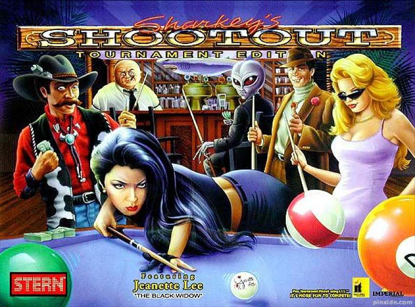 Sharkey's Shootout is a pinball machine designed by Jon Norris, released by Stern Pinball in the year 2000. The game features a pool hall theme where players aim to defeat eight 'ball' characters in various modes and rack games to ultimately face and defeat the character 'Sharkey'.