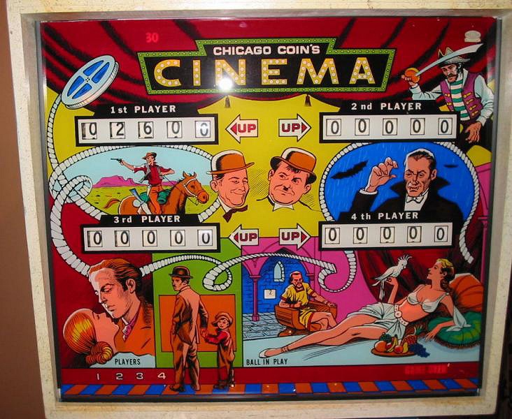 Cinema is a 6-player pinball machine designed and manufactured by Chicago Coin. Released in 1976, this electro-mechanical (EM) machine captures the thematic experience of a cinematic setting.