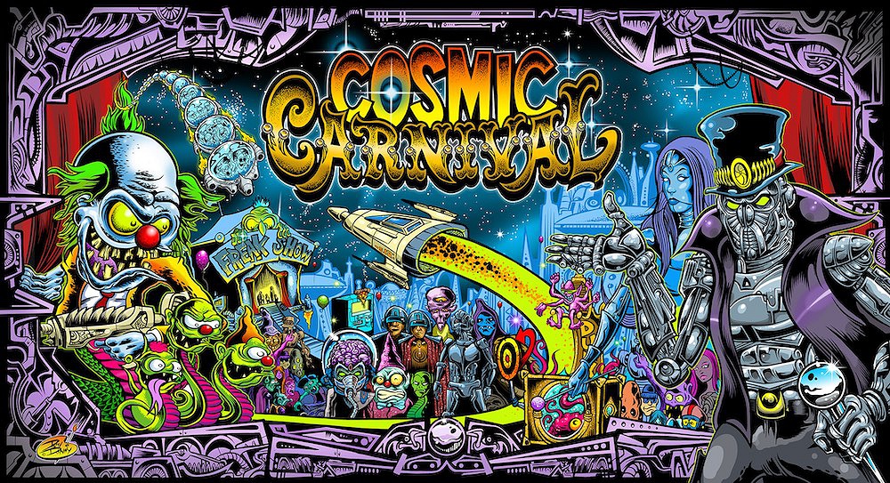 Cosmic Carnival is a colorful and engaging pinball machine released by Suncoast Pinball in 2019, showcasing vibrant artwork and a carnival theme.