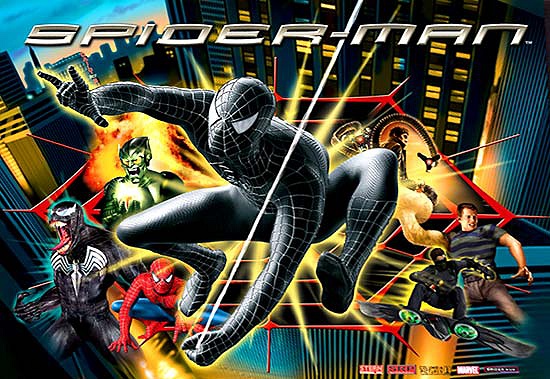 The Limited Edition Black Suit version of the Spider-Man pinball machine by Stern Pinball, featuring unique artwork and limited production run.