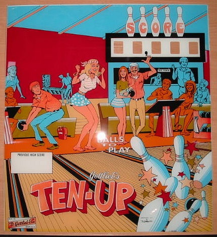 Ten-Up is an electro-mechanical pinball machine released by Gottlieb in 1973. The game features a bowling theme and provides a classic pinball experience with mechanical chimes and detailed playfield artwork.