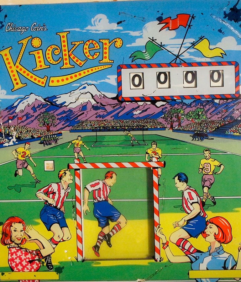 The 'Kicker' is a pinball machine released by Chicago Coin in 1966. It features a sports-themed design with a focus on football or soccer motifs, encapsulating the excitement of the game within a pinball format.