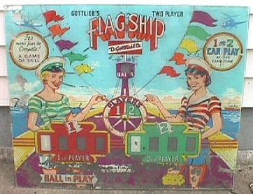 Flag-Ship is a classic pinball machine released by Gottlieb in 1956, known for its nautical theme. It features vibrant artwork and engaging gameplay typical of the 1950s era pinball machines.