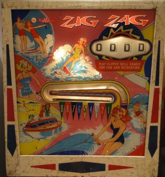 Zig Zag is an electro-mechanical pinball machine released by Williams in 1964. It features vibrant artwork and a classic playfield design emblematic of the era.
