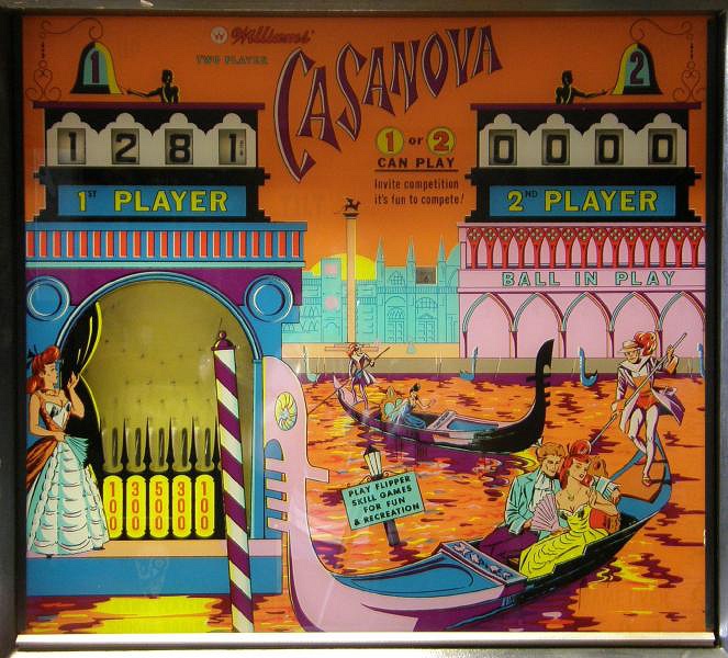 Casanova is an electro-mechanical pinball machine released by Williams in 1966. It features a classic playfield design typical of the era.