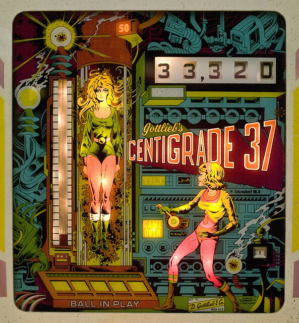 A classic electro-mechanical pinball machine designed by Ed Krynski and produced by Gottlieb featuring a thermometer theme.
