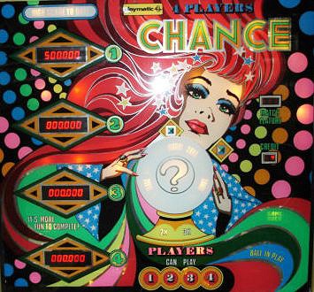 Chance is a classic pinball machine developed by Playmatic, known for its unique playfield design and distinctive gameplay features typical of the late 1970s era.