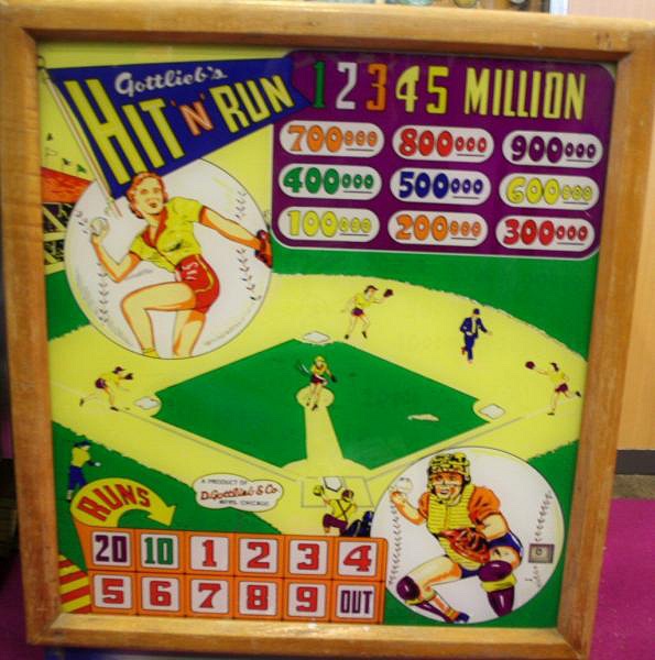 Hit 'N' Run is an early electro-mechanical pinball machine created by Gottlieb in 1952. It's themed around a baseball game, simulating the excitement of the sport in a pinball format.