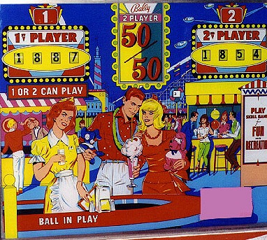 50/50 is a vintage pinball machine produced by Bally in 1965. This electromechanical pinball machine features classic gameplay mechanics popular during this era.
