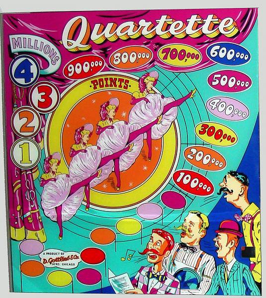 Quartette is a classic pinball machine released by Gottlieb in 1952. It features a unique design and engaging gameplay typical of the early 1950s era.