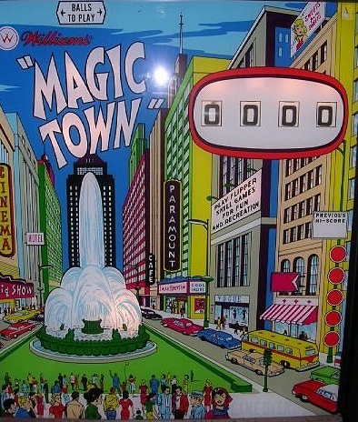 Magic Town is a classic electromechanical pinball machine released by Williams in 1967. It features a captivating artwork theme reminiscent of a whimsical town.