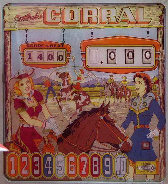 Corral is a classic pinball machine released by Gottlieb in 1961. It features a Western theme with artwork and design elements reminiscent of cowboy adventures.