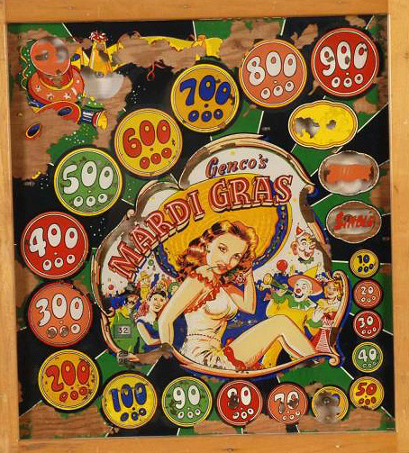 Mardi Gras is a pinball machine produced by Genco in 1948, featuring a carnival theme and various playfield elements typical of the era.