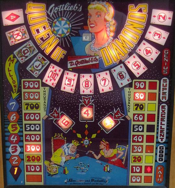 Queen of Diamonds is a classic electro-mechanical pinball machine produced by Gottlieb in 1959. It features a card game theme, with vibrant artwork and engaging gameplay typical of its era.