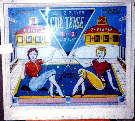 Cue-Tease is a pinball machine produced by Bally in 1963. It is a classic machine with art and mechanics reflective of the early 1960s pinball era.