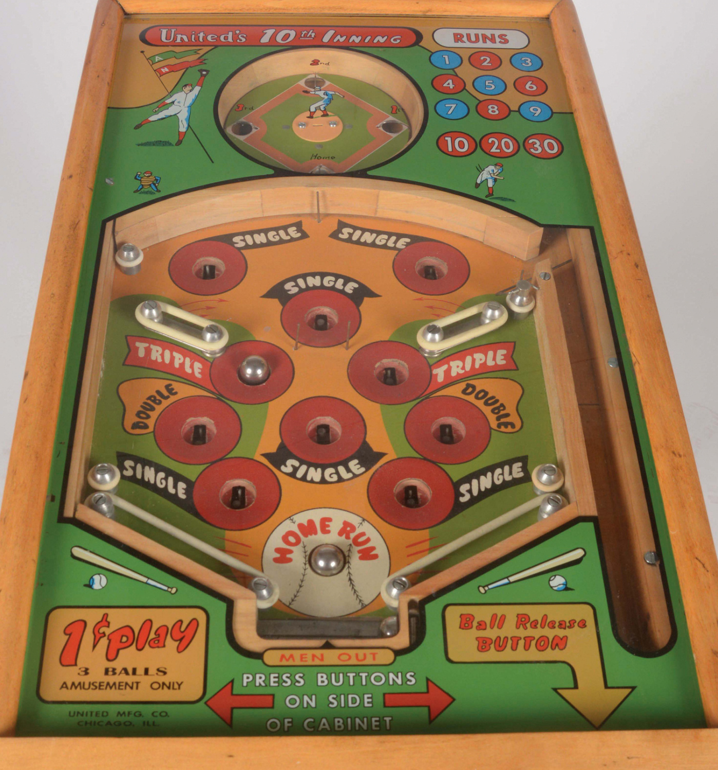 10th Inning is a pitch and bat baseball-themed pinball machine released by United in 1947.
