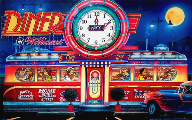 Diner is a pinball machine that simulates the fast-paced environment of a 1950s-style diner, featuring food-themed gameplay elements and a colorful retro aesthetic.