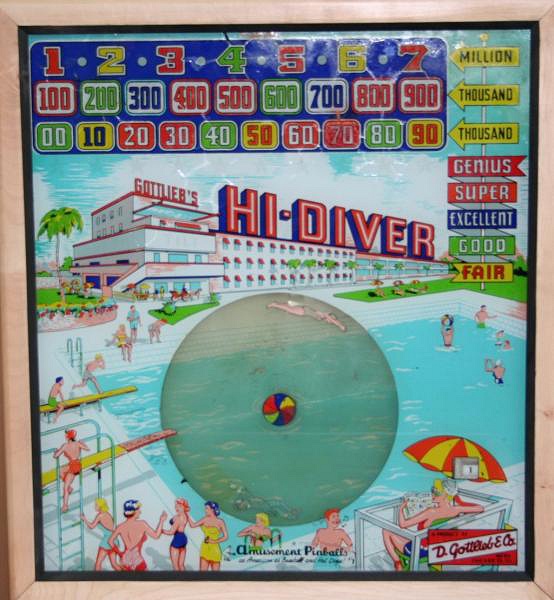 Hi-Diver is a pinball machine produced by Gottlieb in 1959. This amusement machine features an interesting diving theme, where players aim to score points by hitting various targets, ramps, and bumpers to perform successful 'dives.'