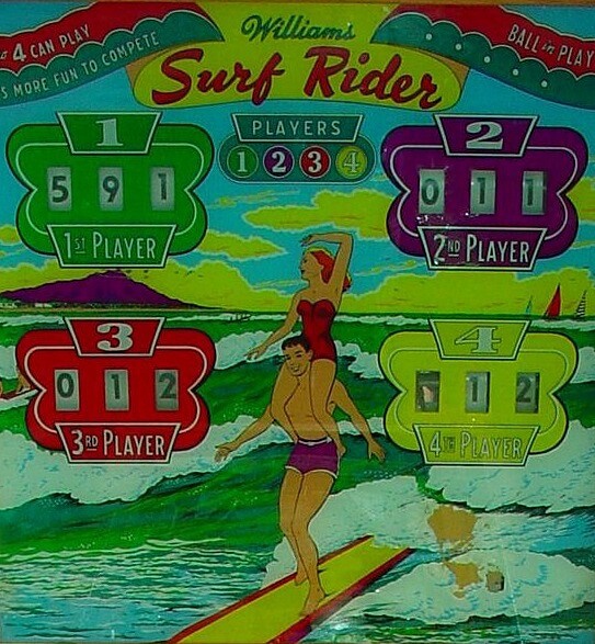 Surf Rider is a classic pinball machine released by Williams in 1956. This vintage machine is known for its simple yet engaging gameplay, typical of the mid-50s pinball era.