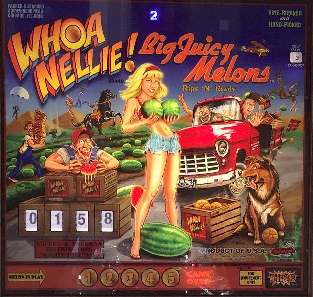 Whoa Nellie! Big Juicy Melons is a retro-styled pinball machine with a fun fruit farm theme. Designed to capture the look and feel of classic pinball games, it features traditional mechanical pinball elements and vibrant artwork.