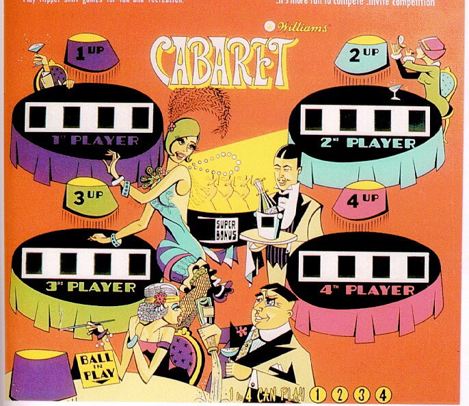 Cabaret is a vintage pinball machine produced by Williams in 1968. It is a classic electro-mechanical pinball table that features a cabaret theme.