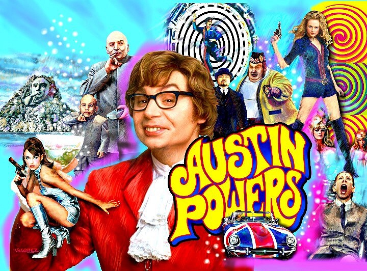 A pinball machine based on the popular Austin Powers film series, featuring various characters and elements from the movies.