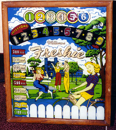 Freshie is a vintage pinball machine released by Williams in the year 1949, known for its classic woodrail design and mechanical gameplay typical of the era.