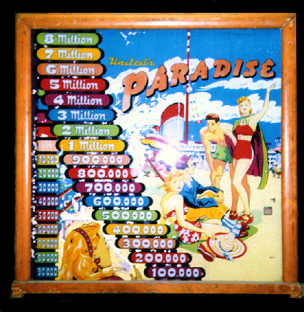 Paradise is a vintage pinball game released in 1948 by United, known for its classic electro-mechanical design which was common during that era.