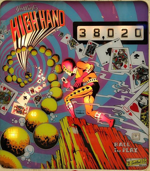 High Hand is an electromechanical pinball machine designed by Ed Krynski and released by Gottlieb in 1973. The game has a card gambling theme, where players aim to complete pairs of card suits to maximize their score.