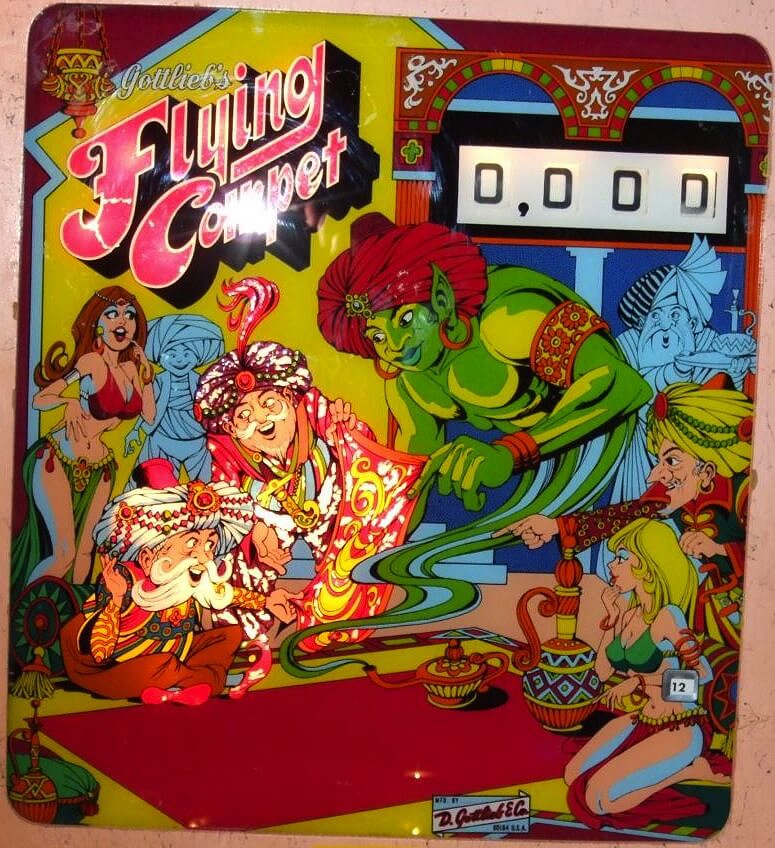 Flying Carpet is a classic electro-mechanical pinball machine released by Gottlieb in 1972. It features a vibrant Arabian Nights theme with artwork depicting a magic carpet ride.