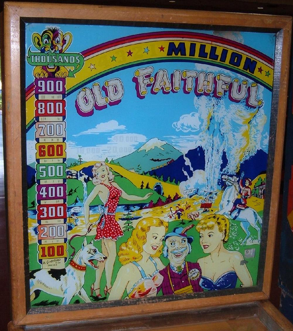 Old Faithful is a classic electro-mechanical pinball machine released by Gottlieb in 1949. Known for its simplicity and charm, it features a faithful representation of the Yellowstone geyser.