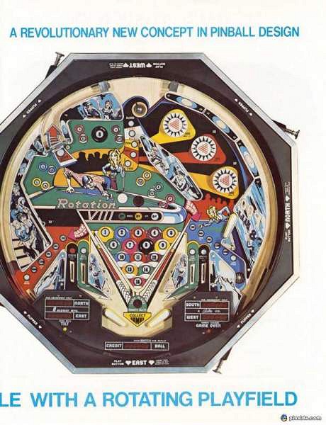 Rotation VIII is a solid-state pinball machine released by Midway in 1978. The game features a unique rotating playfield element and was designed by industry-renowned designer Jay Norris.