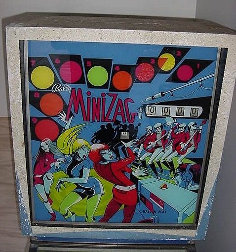 MiniZag is a pinball machine produced by Bally in 1968. It is known for its vibrant playfield artwork and engaging gameplay, typical of the era.