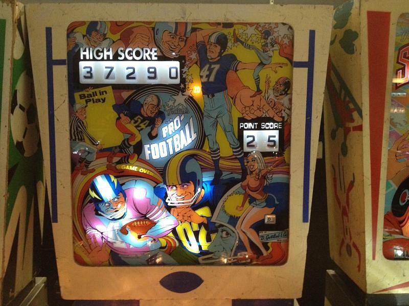Pro-Football is an electromechanical pinball machine designed by Ed Krynski and released by Gottlieb in 1973. The game features a football theme with players aiming to score 'touchdowns' through skilled gameplay.