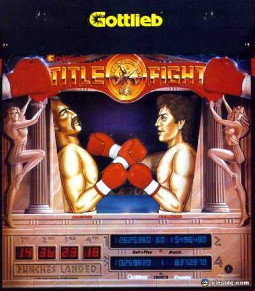 Title Fight is a boxing-themed pinball machine developed by Gottlieb and released in 1989. The game features a unique dual-level playfield and two translite artwork versions.