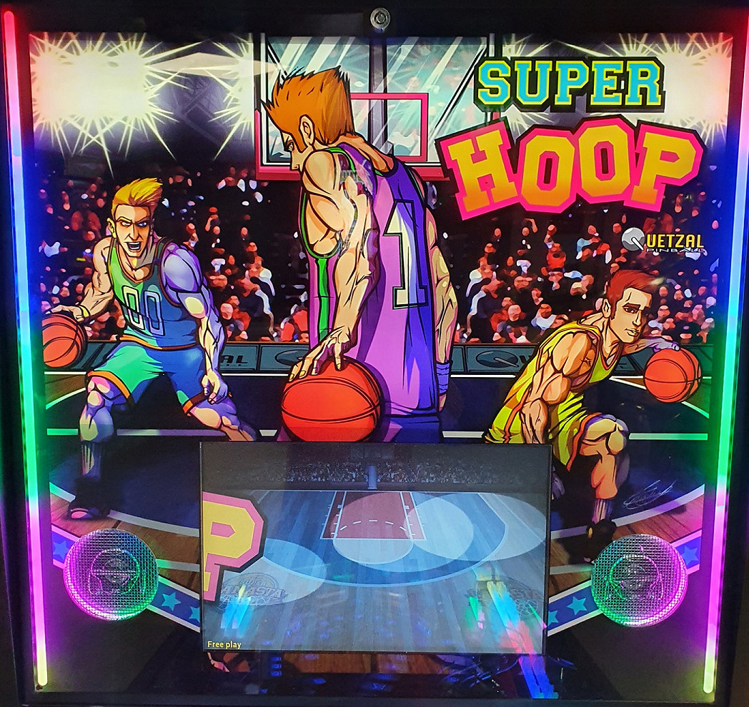 Super Hoop is a basketball-themed pinball machine designed and produced by Quetzal Pinball in 2019. The game challenges players to score points by making successful shots and completing various inline tasks.