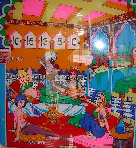 Harem is a vintage electro-mechanical pinball machine produced by Playmatic in 1973. It features an exotic theme, typical of the era's fascination with oriental and fantasy motifs.