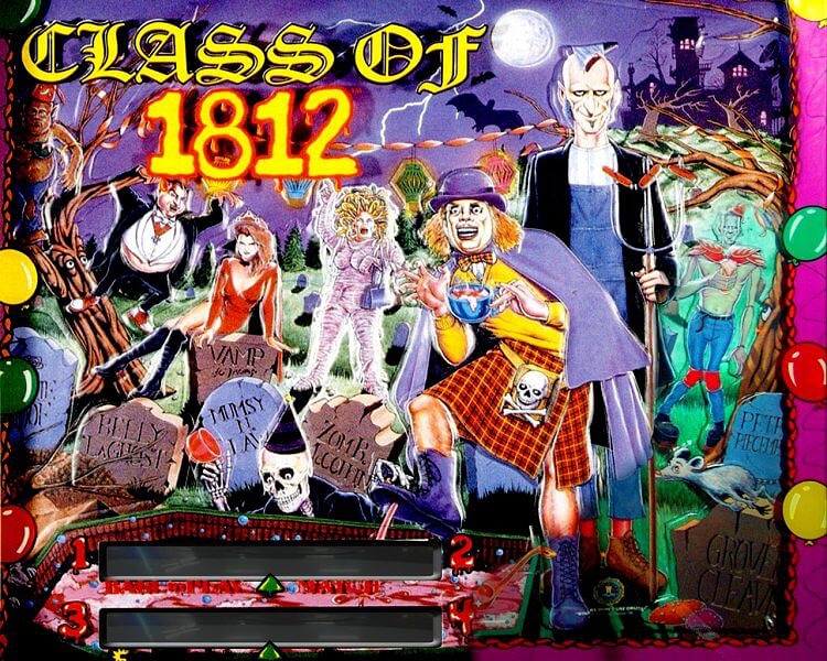 Class of 1812 is a horror-themed pinball machine produced by Gottlieb, known for its unique features and creative design.