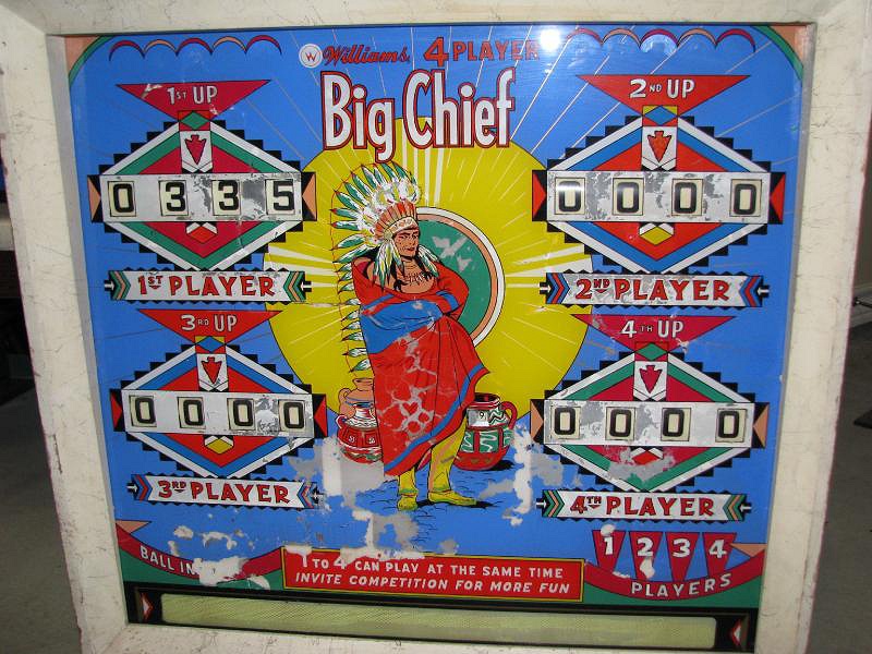 Big Chief is a classic electro-mechanical pinball machine produced by Williams in 1965. It features a Native American theme with vibrant artwork typical of the era.