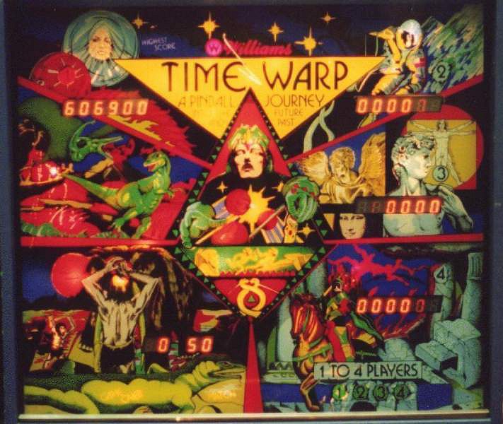 Time Warp is a solid-state pinball machine produced by Williams in 1979. It is known for its unique 'banana flipper' design and time-travel theme.