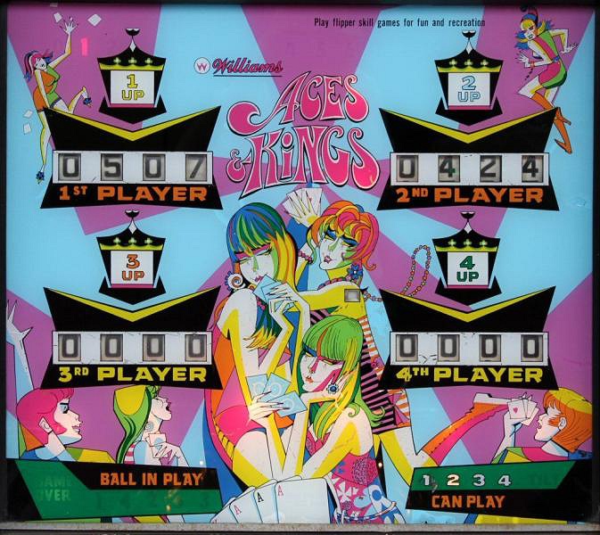 Aces & Kings is a classic electro-mechanical pinball machine released in 1970 by Williams. It features a card game theme with vibrant artwork and engaging playfield features.