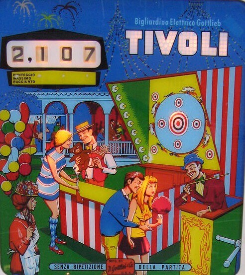Tivoli is a pinball machine produced by the manufacturer Gottlieb in 1968. It is known for its vibrant artwork and mechanical gameplay, typical of electromechanical pinball machines of its era.