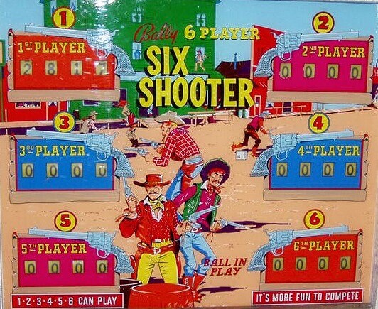 Six Shooter is a classic electromechanical pinball machine released by Bally in 1966. It's themed around Western gunfighting and sharpshooting.